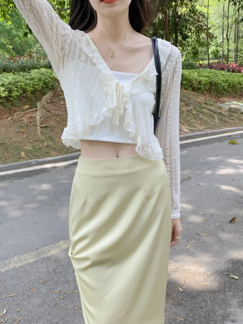 Women's White Lace Cardigan Sun Protection Shawl Skirt Set — feature 19