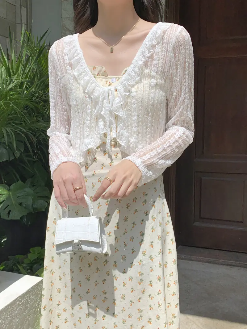 Women's White Lace Cardigan Sun Protection Shawl Skirt Set — feature 2