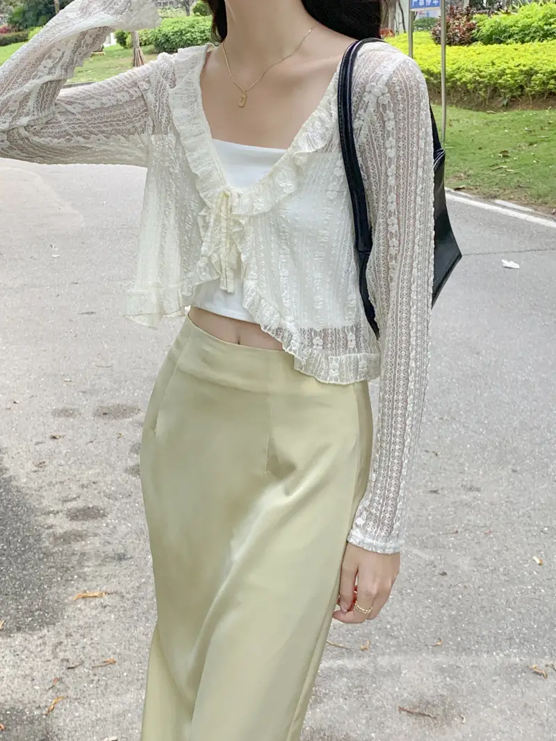 Women's White Lace Cardigan Sun Protection Shawl Skirt Set — feature 20