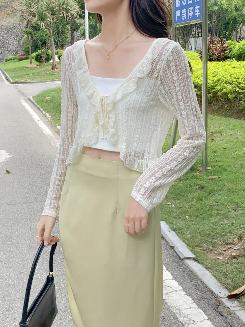 Women's White Lace Cardigan Sun Protection Shawl Skirt Set — feature 21