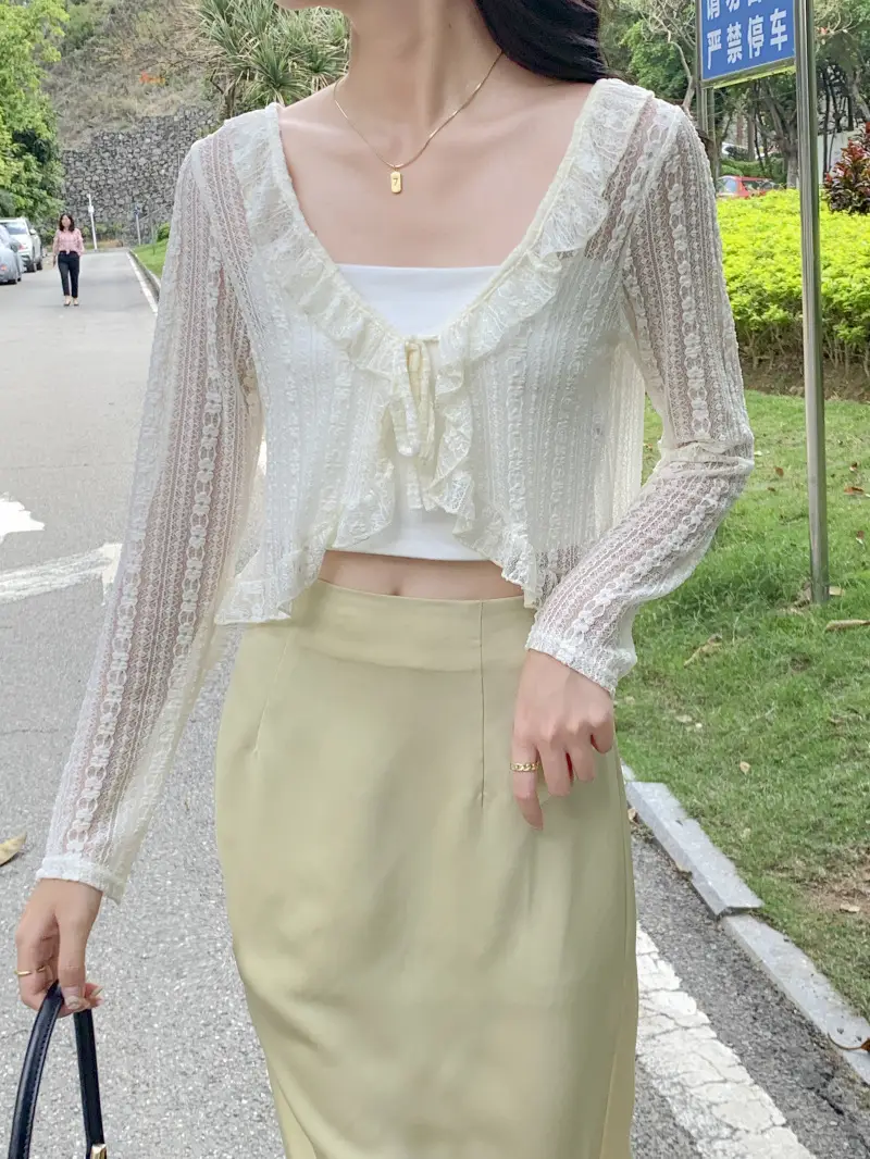 Women's White Lace Cardigan Sun Protection Shawl Skirt Set — feature 22