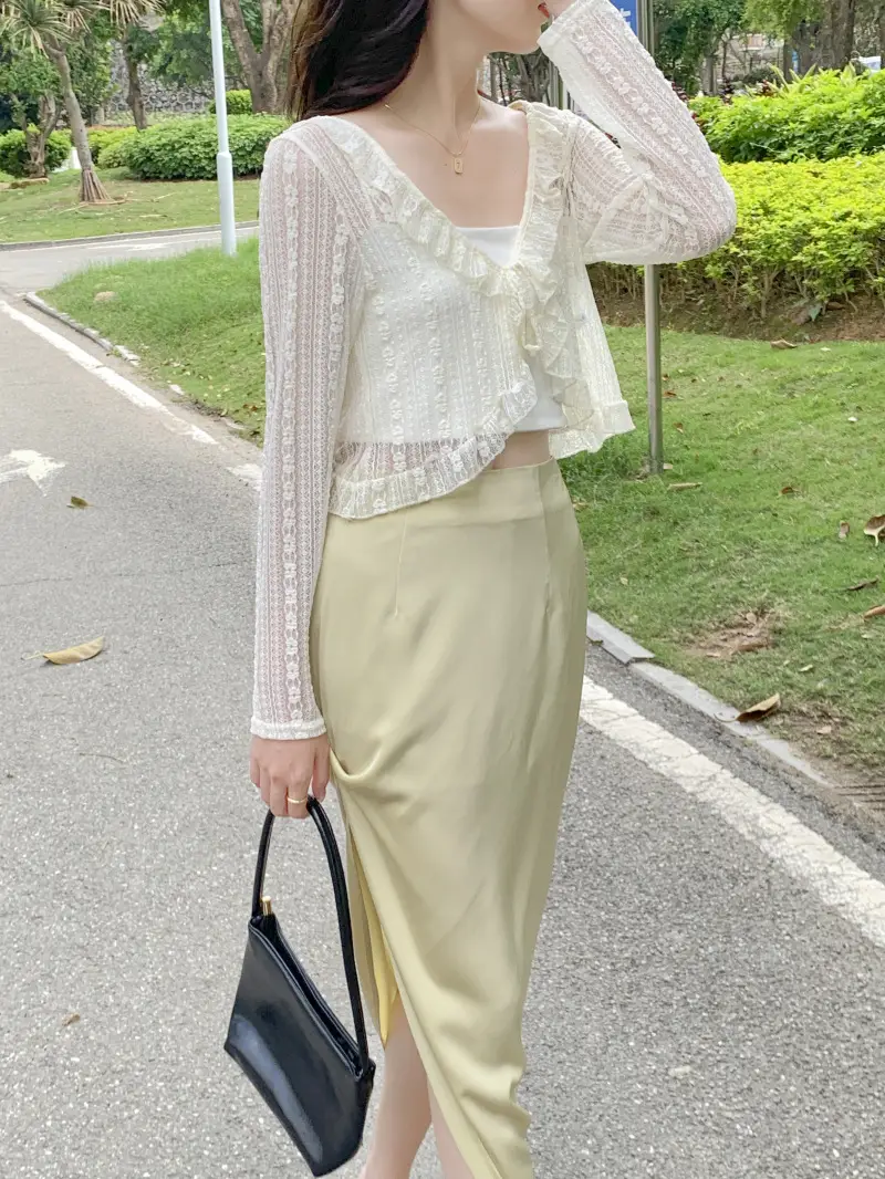 Women's White Lace Cardigan Sun Protection Shawl Skirt Set — feature 23