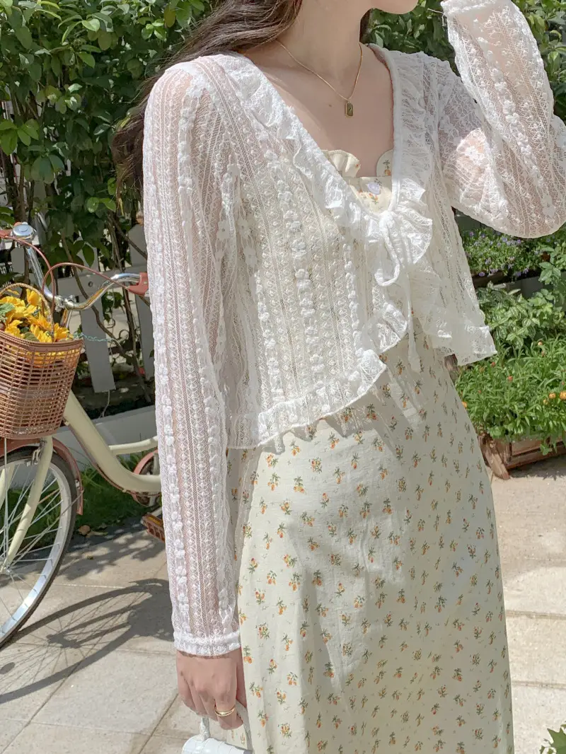 Women's White Lace Cardigan Sun Protection Shawl Skirt Set — feature 3