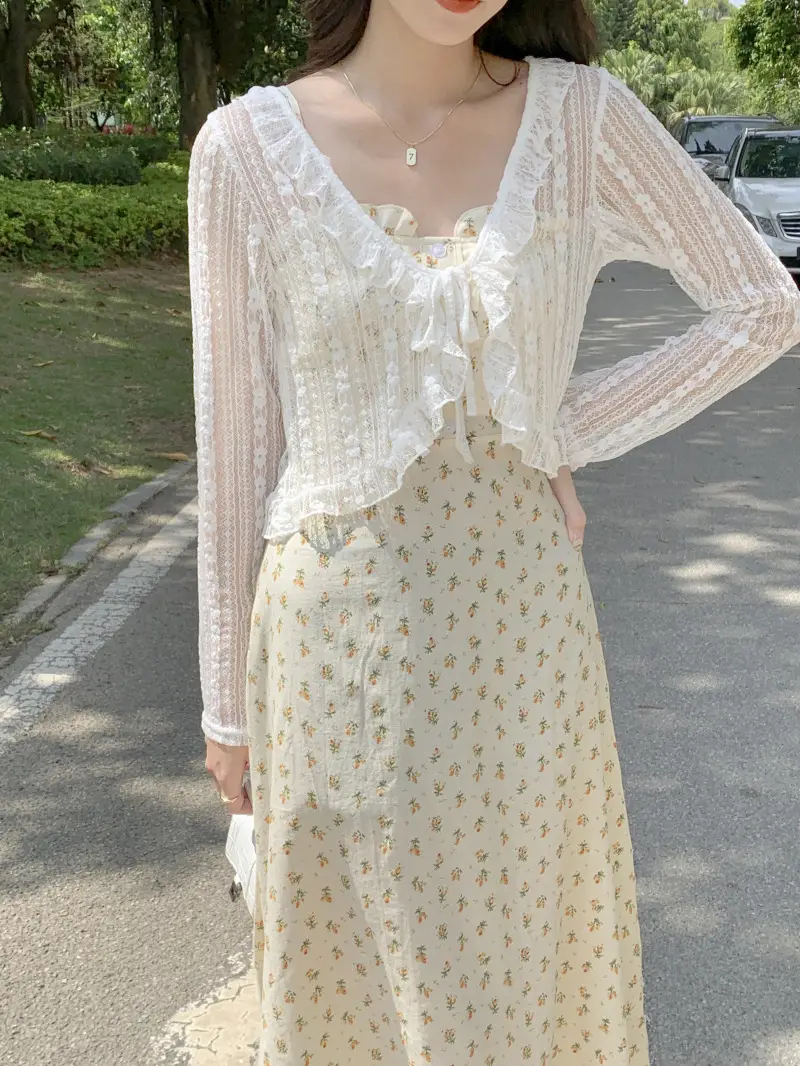 Women's White Lace Cardigan Sun Protection Shawl Skirt Set — feature 4