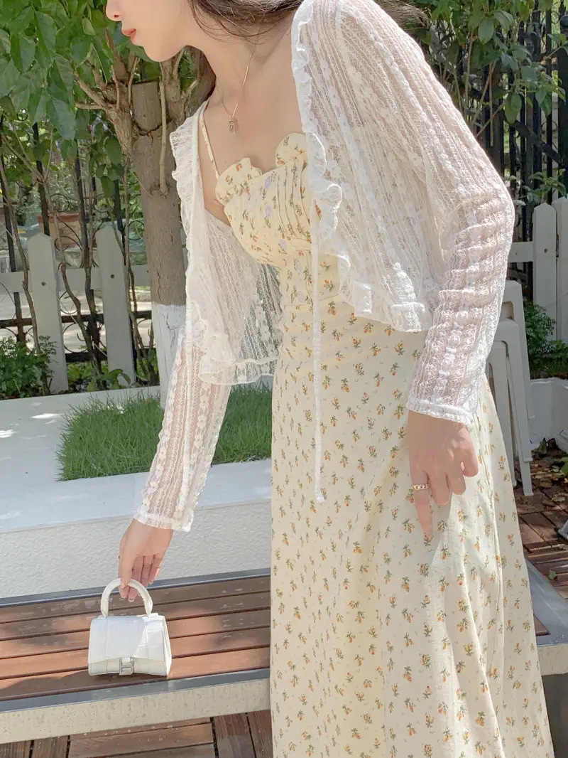 Women's White Lace Cardigan Sun Protection Shawl Skirt Set — feature 6