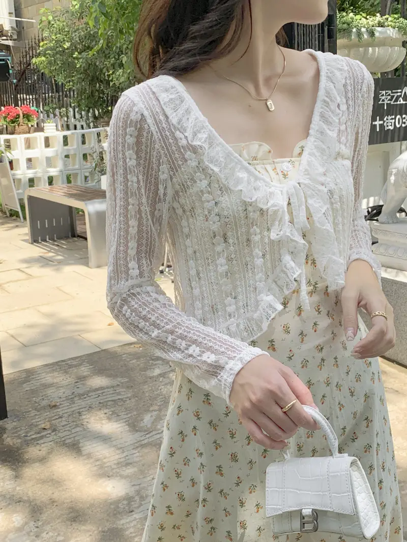 Women's White Lace Cardigan Sun Protection Shawl Skirt Set — feature 7