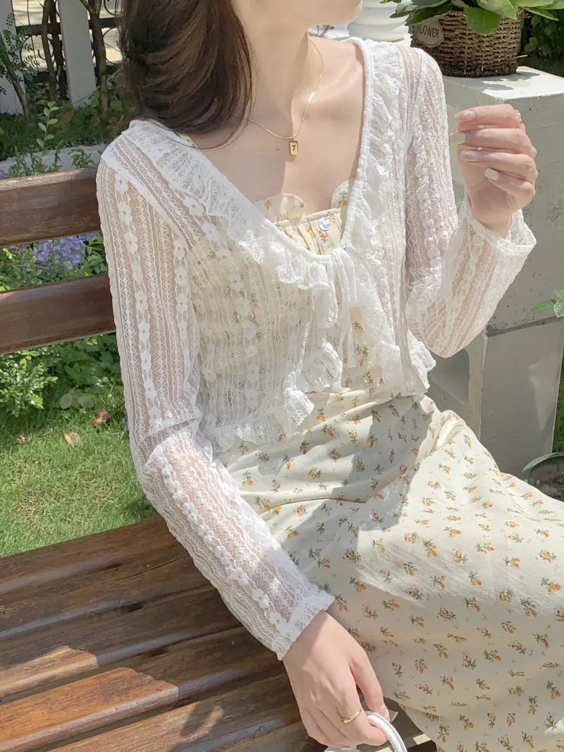 Women's White Lace Cardigan Sun Protection Shawl Skirt Set — feature 8