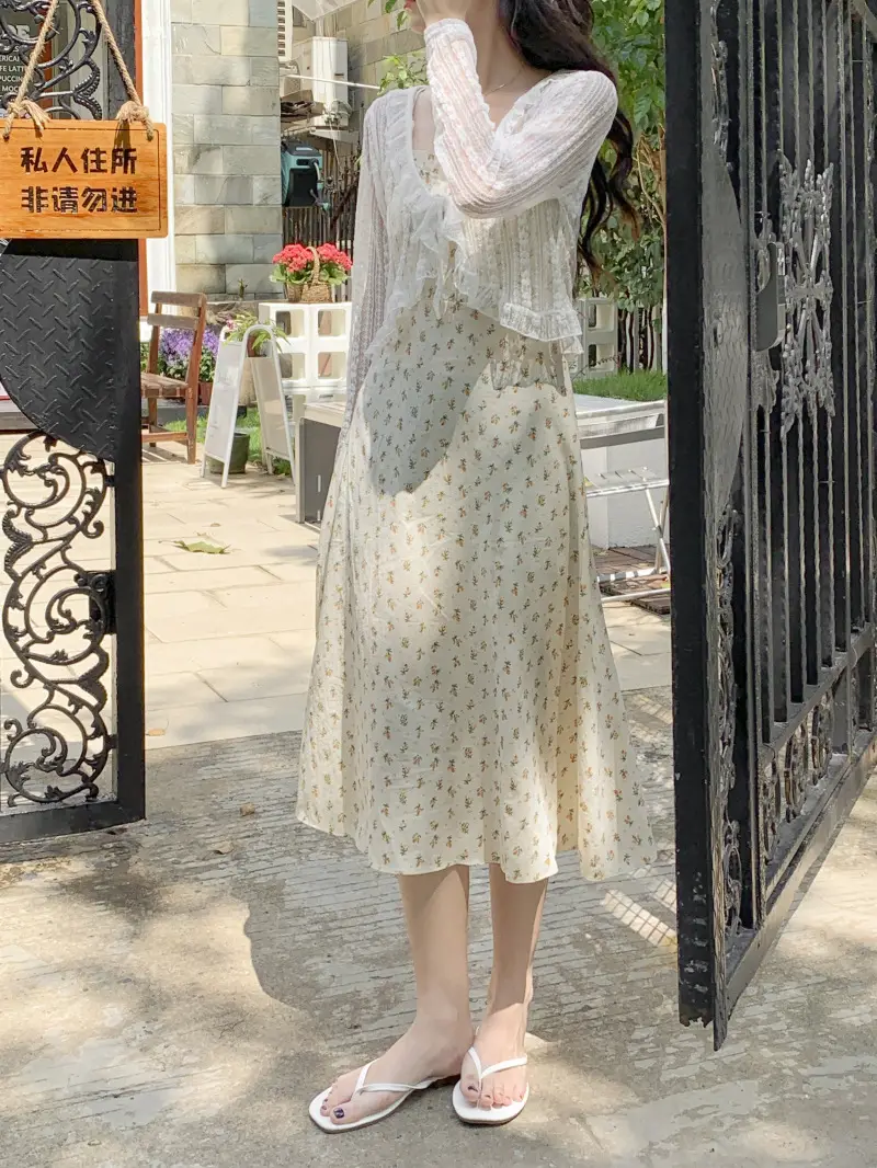 Women's White Lace Cardigan Sun Protection Shawl Skirt Set — feature 9