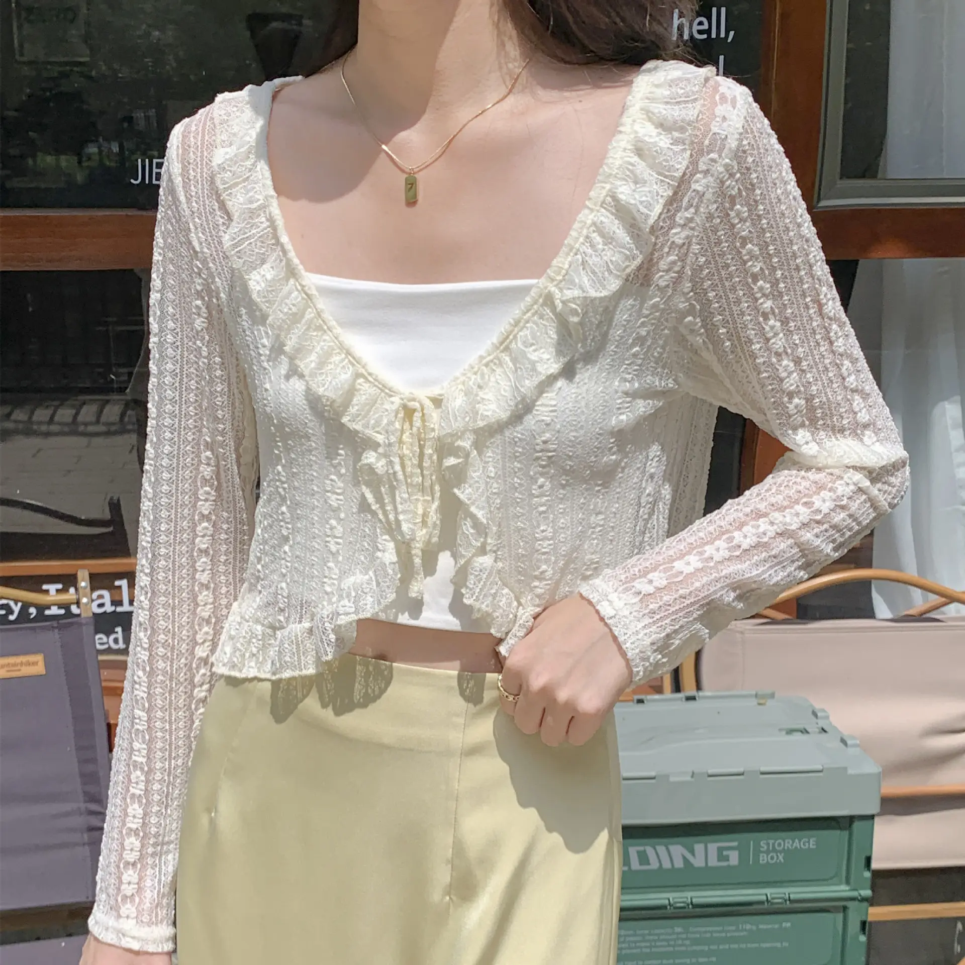 Lace-Up Lace Cardigan-Apricot