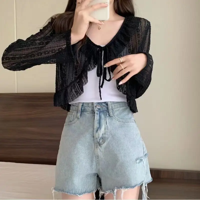 Lace-Up Lace Cardigan-Black