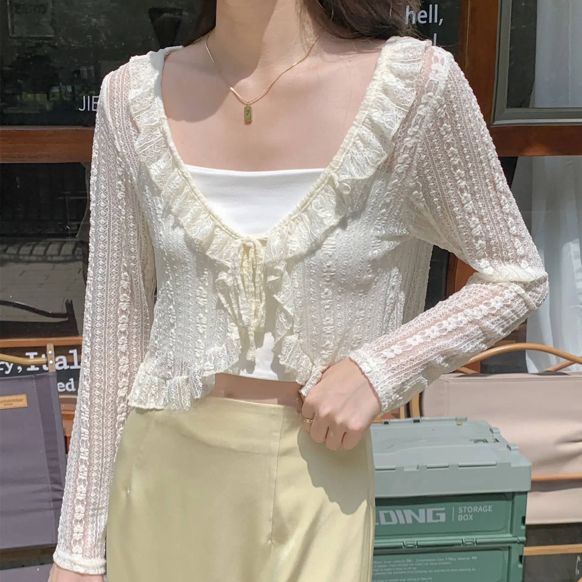 Women's White Lace Cardigan Sun Protection Shawl Skirt Set - Image 2