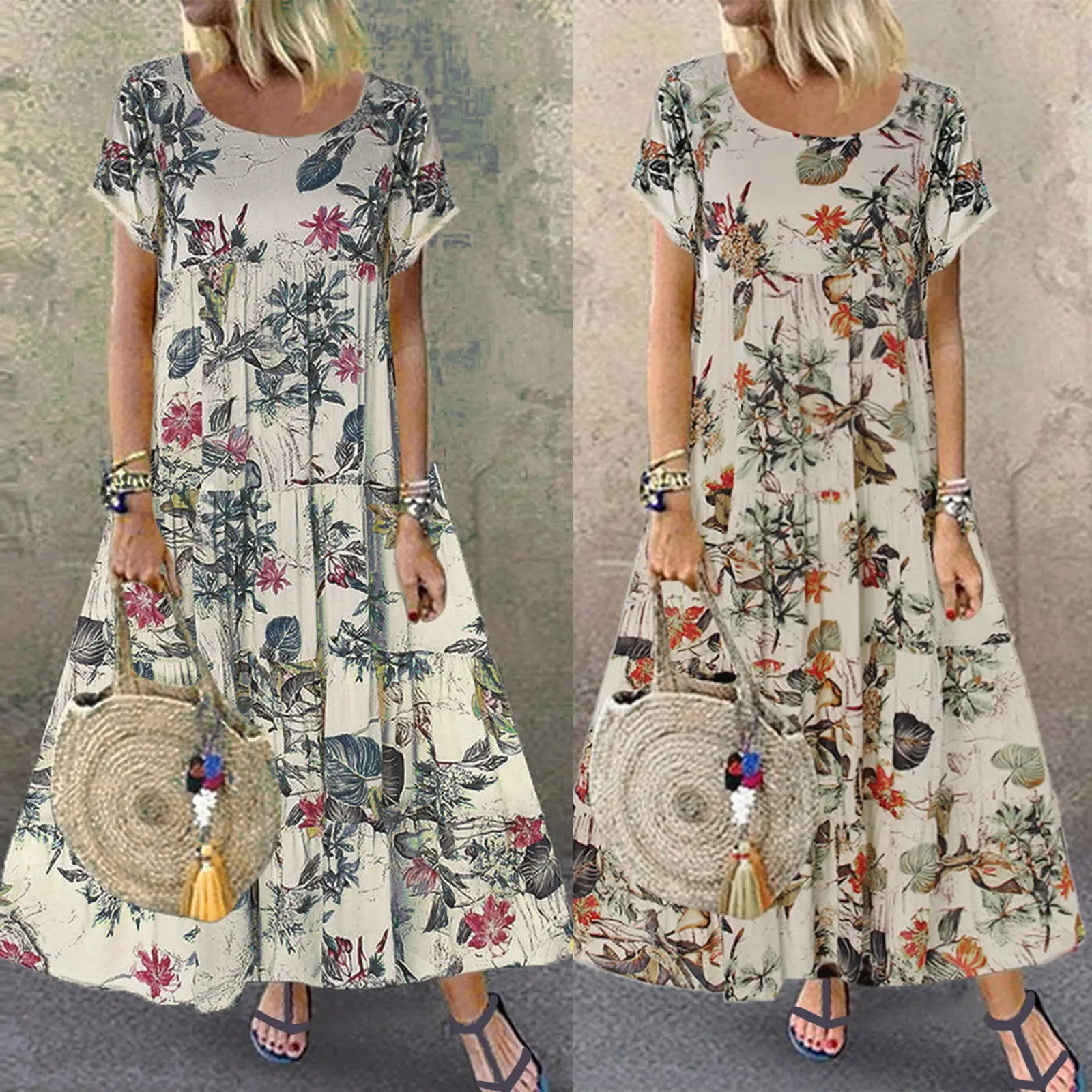 Women's 2024 Floral Print Dress Short Sleeve Round Neck - Image 7