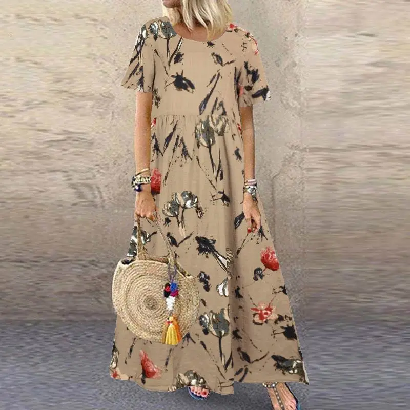 Women's 2024 Floral Print Dress Short Sleeve Round Neck - Image 3
