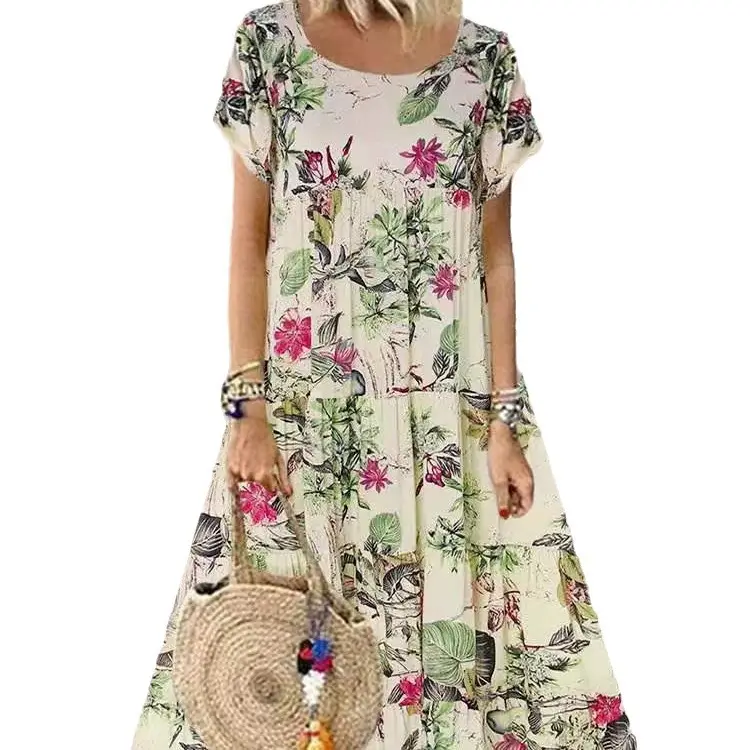 Women's 2024 Floral Print Dress Short Sleeve Round Neck - Image 8