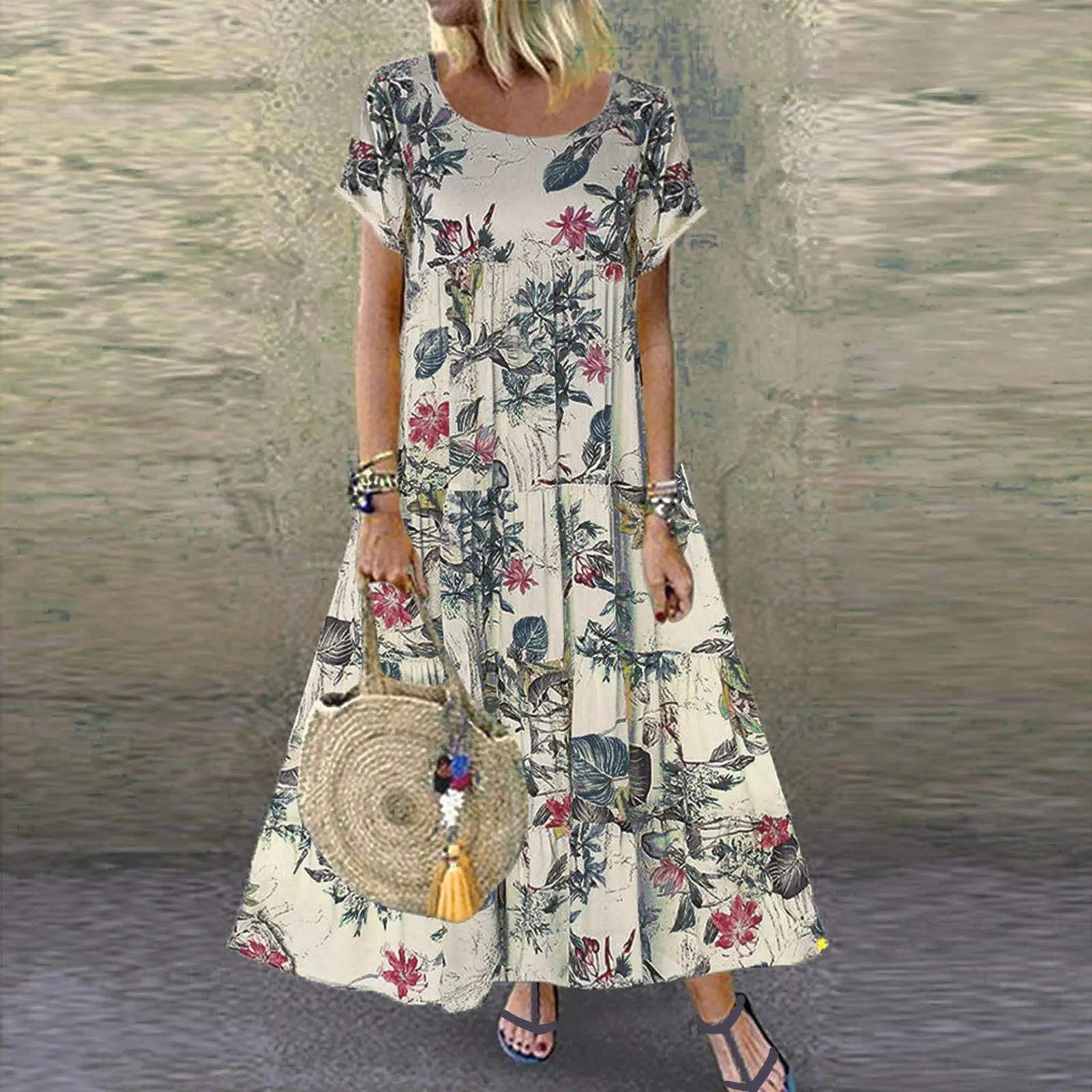 Women's 2024 Floral Print Dress Short Sleeve Round Neck - Image 2