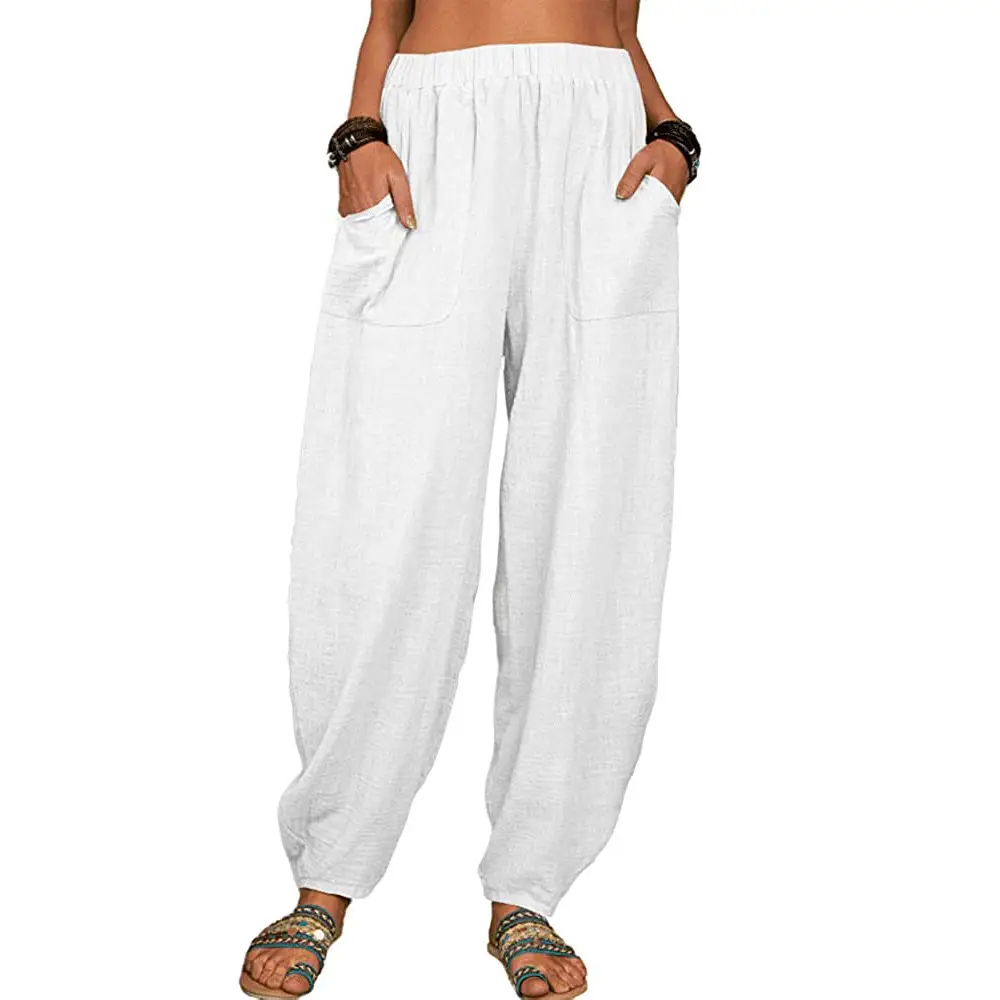 White Loose Cotton Linen Harem Pants for Women - Image 11