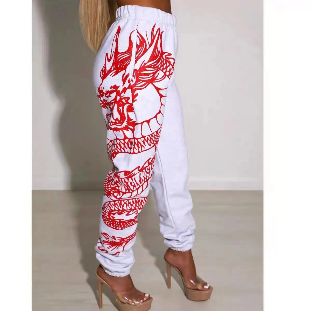 Women's Printed Elastic Waist Sports Pants White Blue 2026