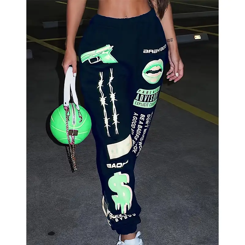 Women's Printed Elastic Waist Sports Pants White Blue 2026