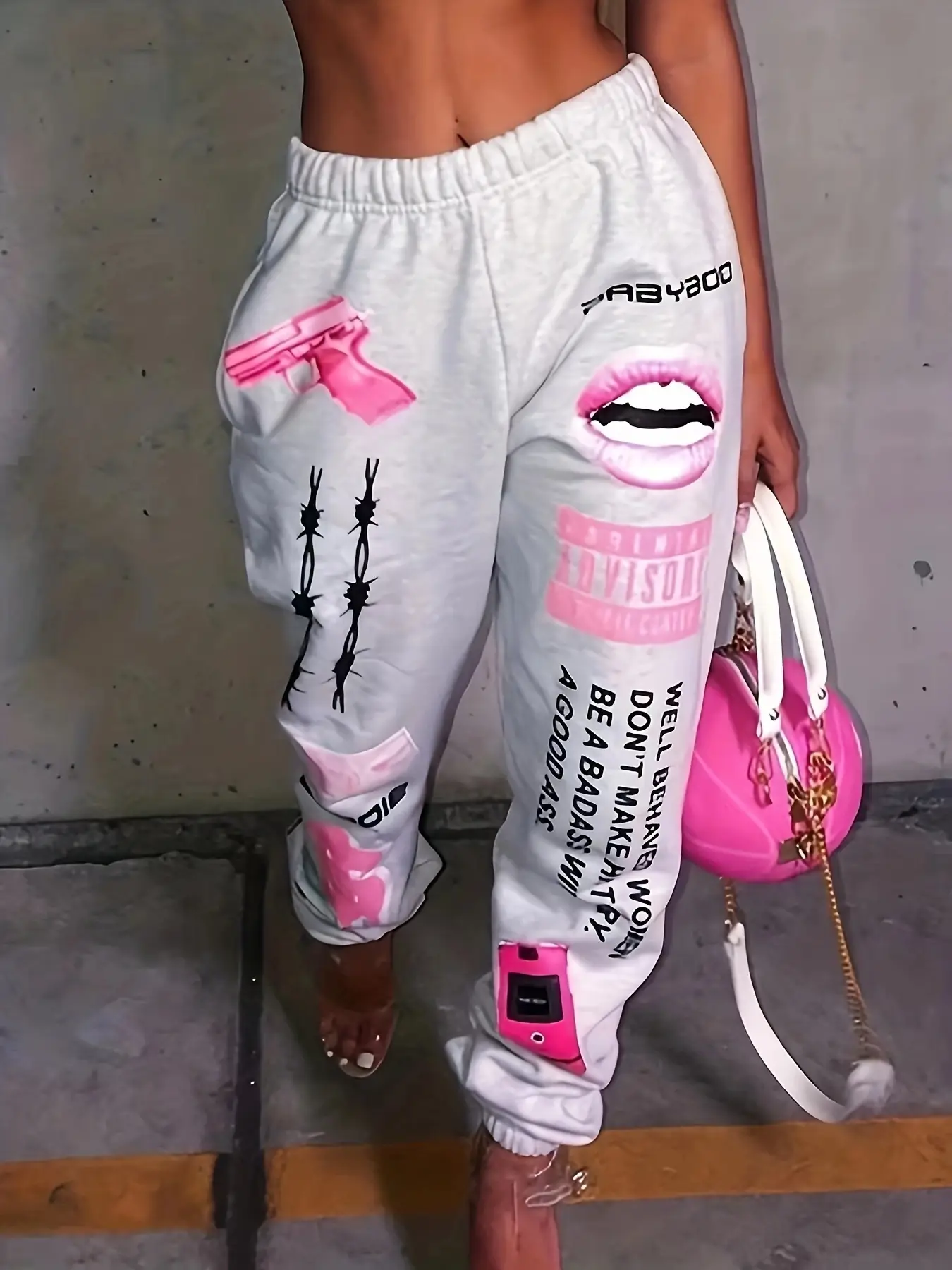 Women's Printed Elastic Waist Sports Pants White Blue 2026
