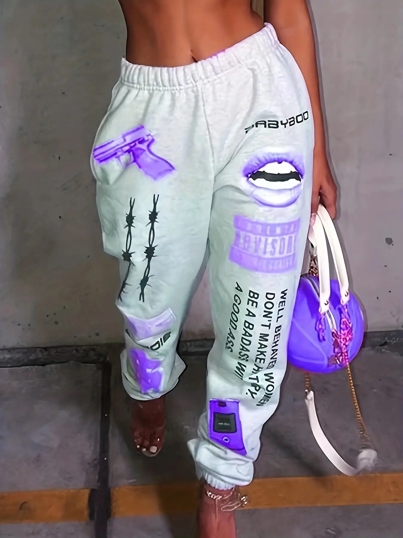 Women's Printed Elastic Waist Sports Pants White Blue 2026