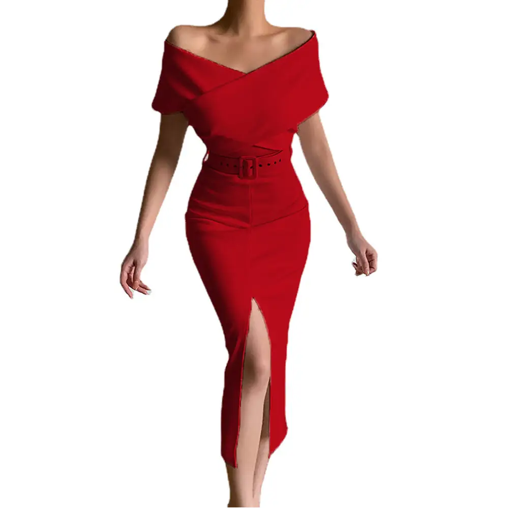 White Off-Shoulder Belt Slit Skirt Set - Image 10