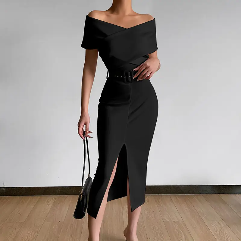 White Off-Shoulder Belt Slit Skirt Set - Image 5