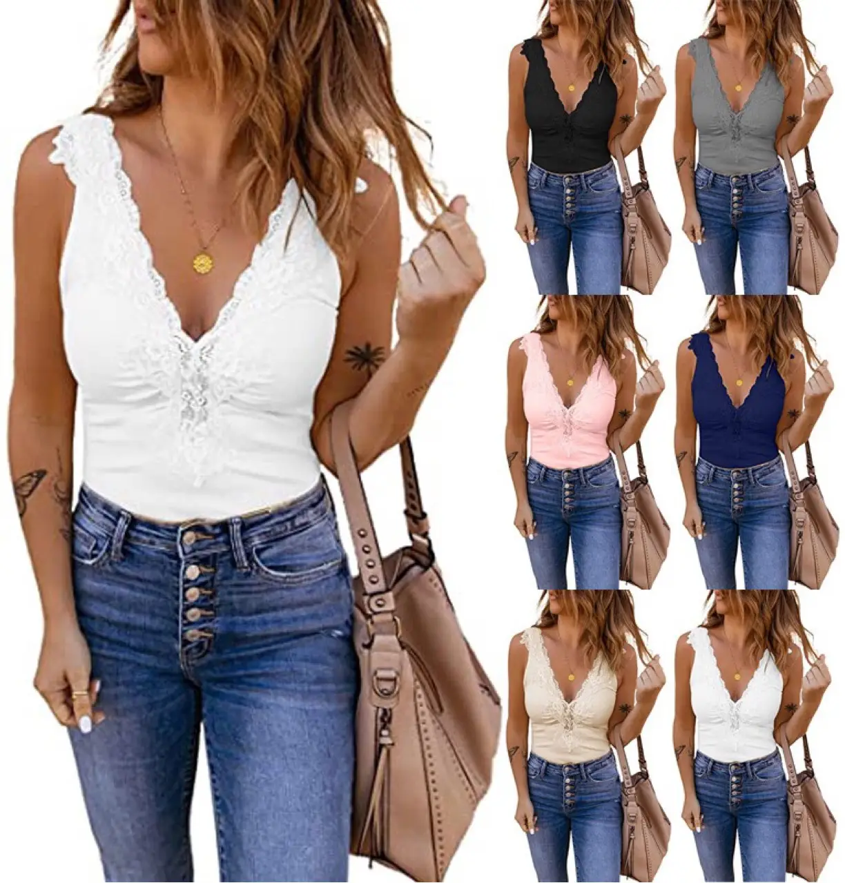 2022 Women's Deep V Neck Vest Patchwork Lace Knitted Summer — feature 3