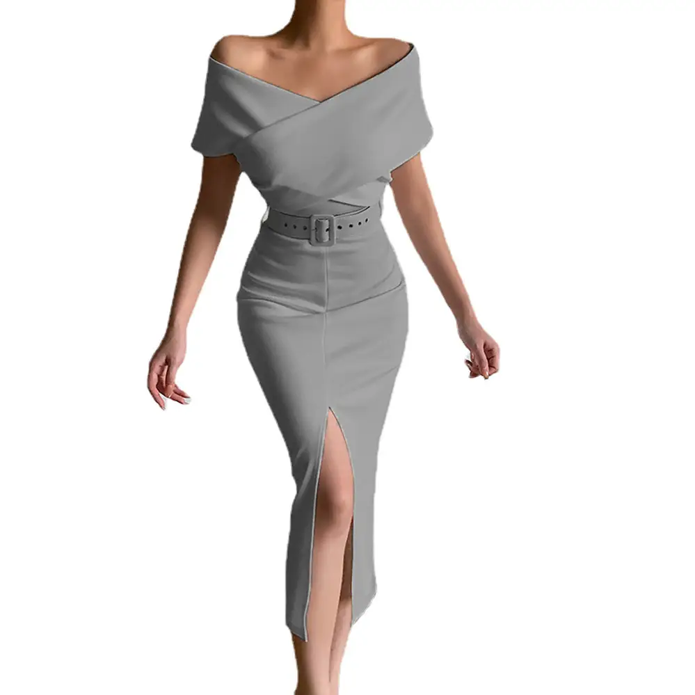 Pink Off-Shoulder Belt Slit Skirt Dress - Image 11