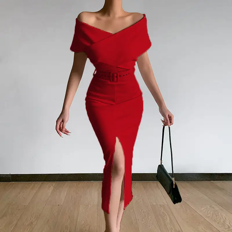 Pink Off-Shoulder Belt Slit Skirt Dress - Image 3
