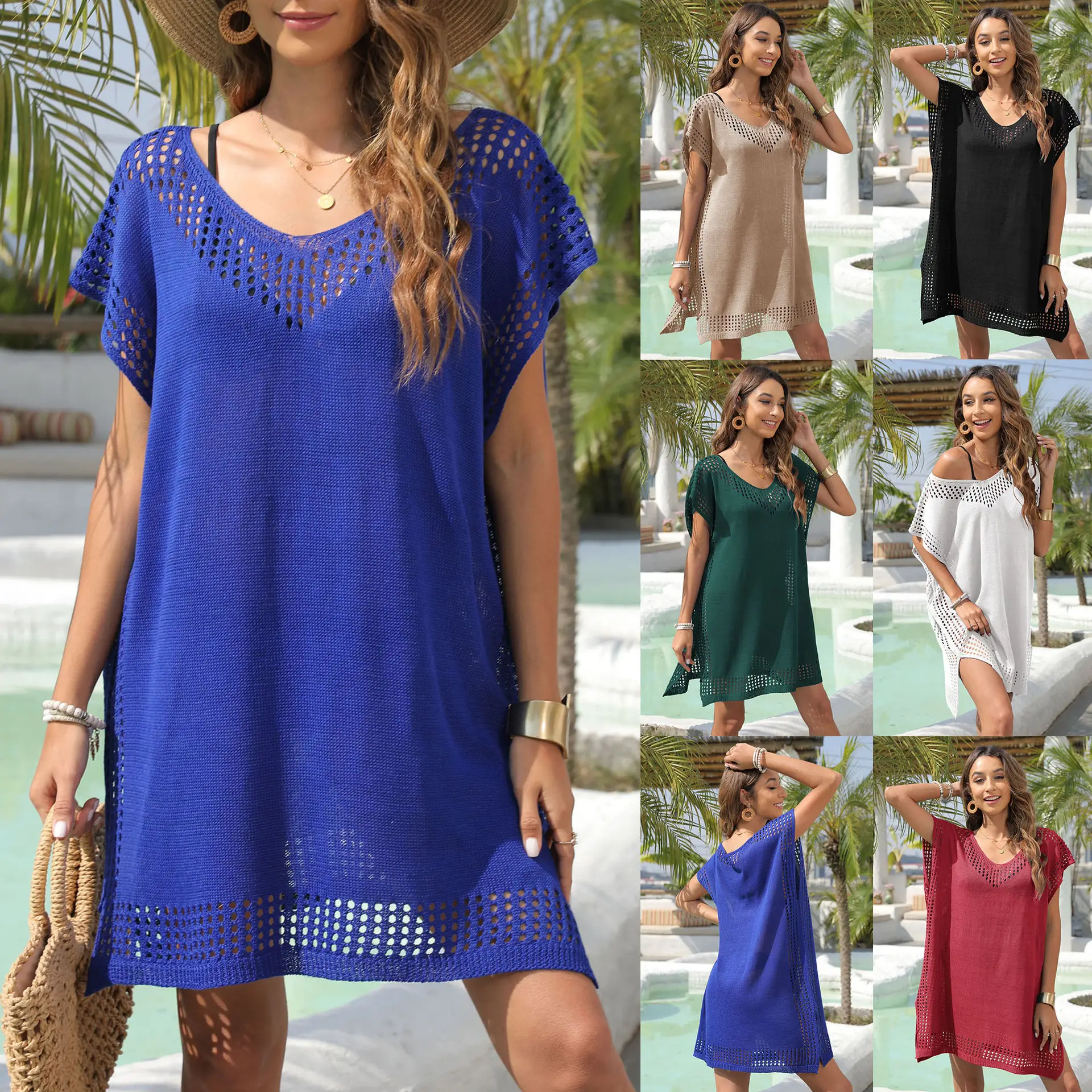Blue V-Neck Loose Summer Blouse with Straw Bag - Image 7