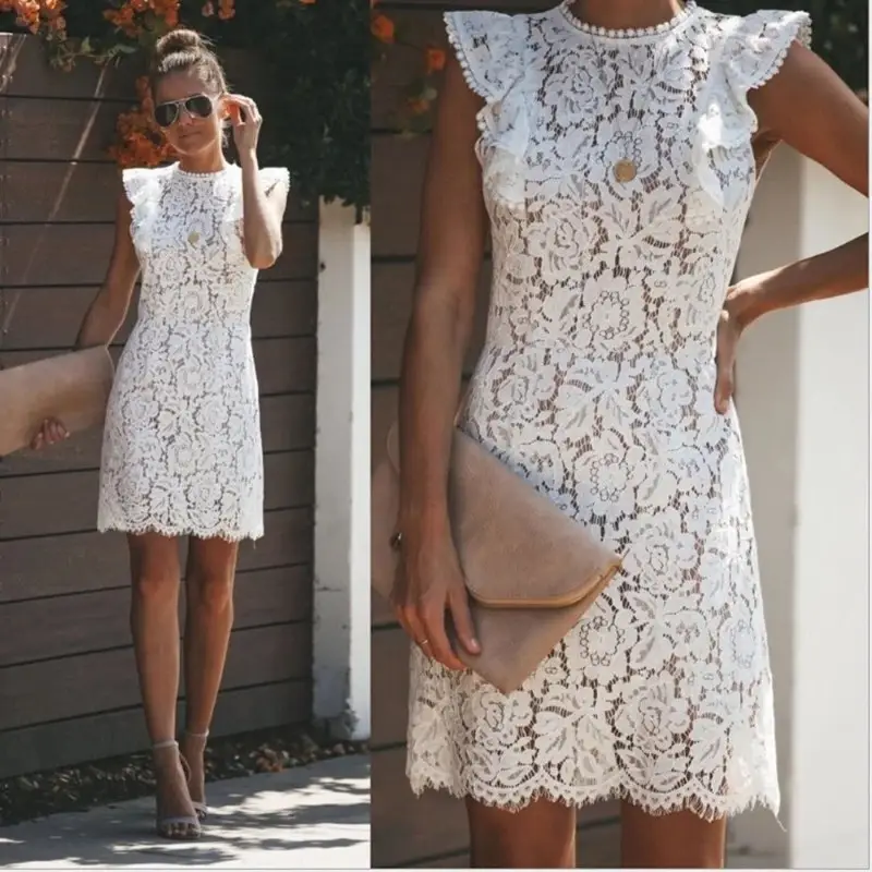 White Lace Round Neck Sleeveless Dress for Women - Image 2