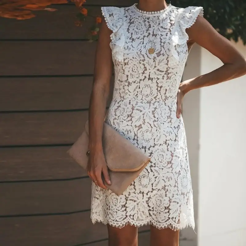 White Lace Round Neck Sleeveless Dress for Women - Image 4