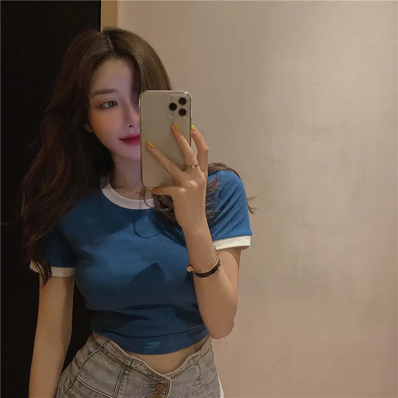 2025 Summer Women's Black Slim Fit T-Shirt with White Trim - Image 4