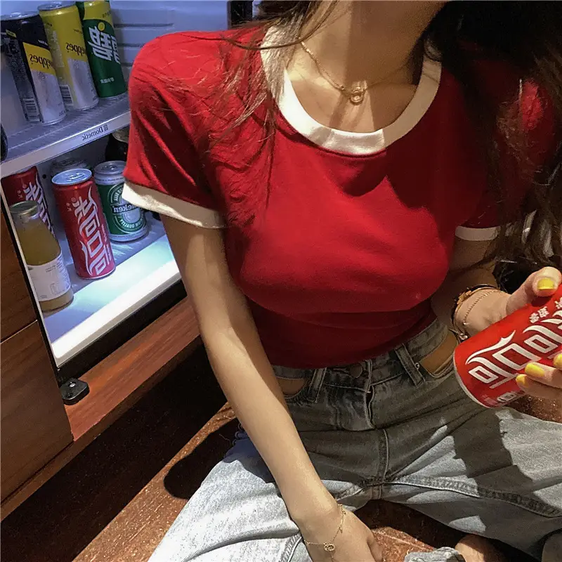 2025 Summer Women's Black Slim Fit T-Shirt with White Trim - Image 2