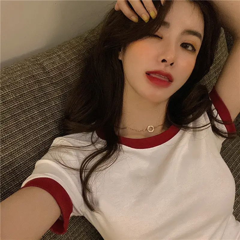 2025 Summer Women's Black Slim Fit T-Shirt with White Trim - Image 3