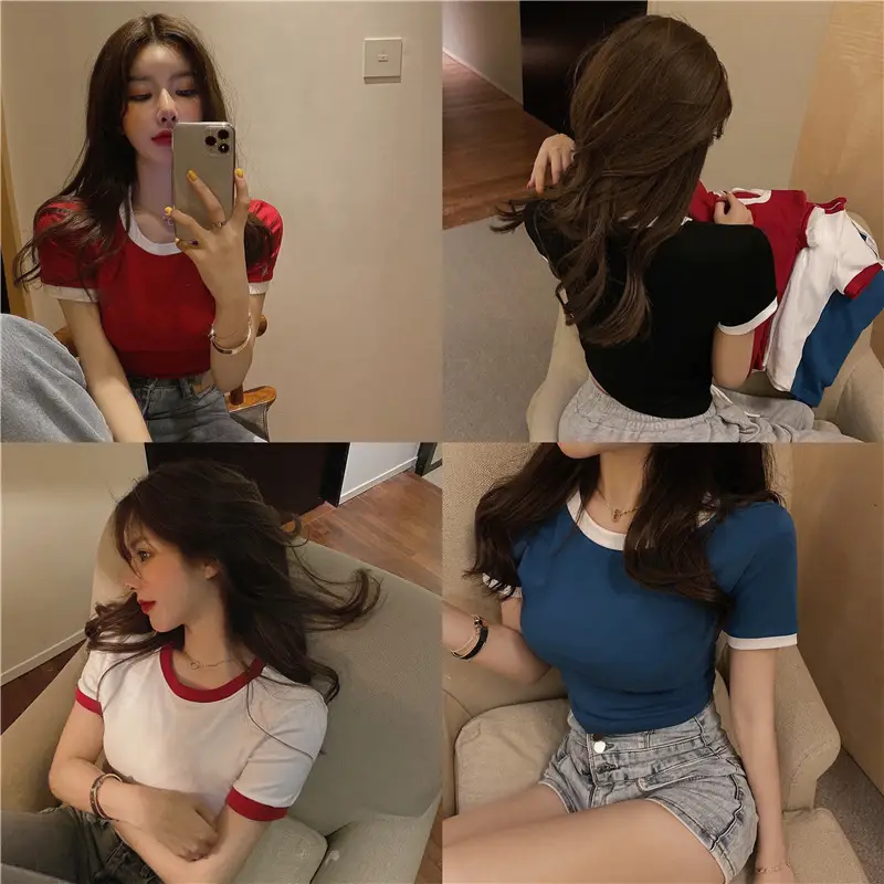 2025 Summer Women's Black Slim Fit T-Shirt with White Trim - Image 5