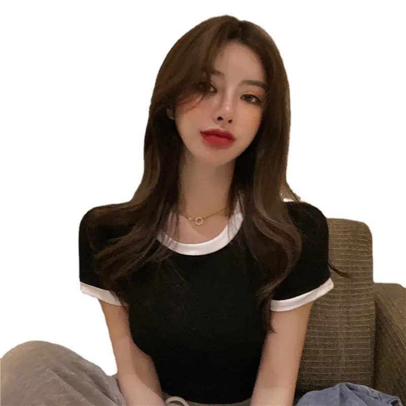 2025 Summer Women's Black Slim Fit T-Shirt with White Trim - Image 6