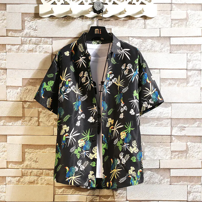 Men Printed Casual Short Sleeve Shirt Black Large - Image 2