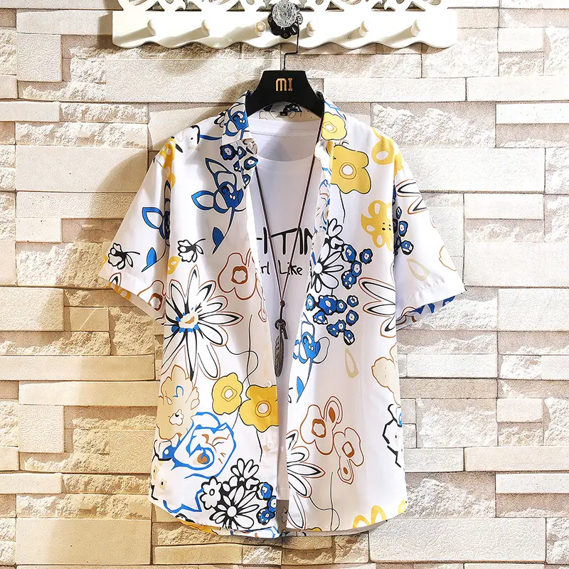 Men Printed Casual Short Sleeve Shirt Black Large - Image 4