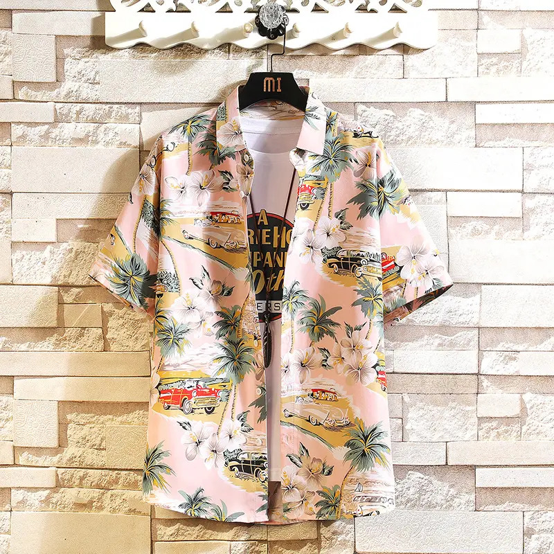 Men Printed Casual Short Sleeve Shirt Black Large - Image 11