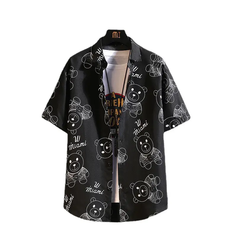 Men Printed Casual Short Sleeve Shirt Black Large - Image 12