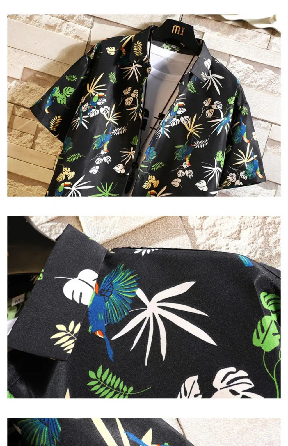 Men Printed Casual Short Sleeve Shirt Black Large — feature 34