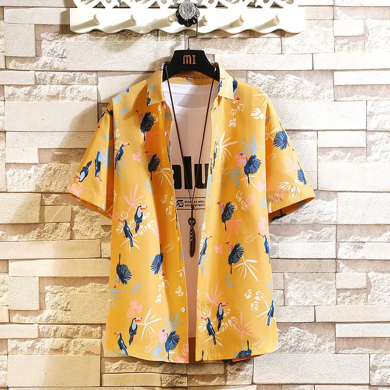 Men Printed Casual Short Sleeve Shirt Black Large - Image 3