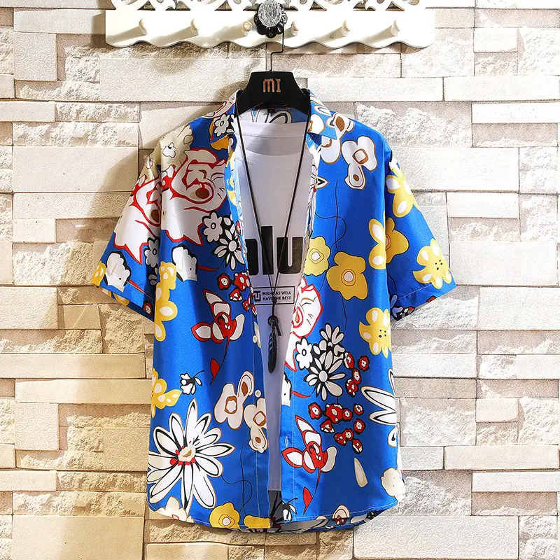 Men Printed Casual Short Sleeve Shirt Black Large - Image 5