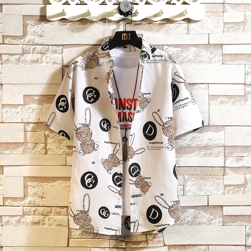 Men Printed Casual Short Sleeve Shirt Black Large - Image 6