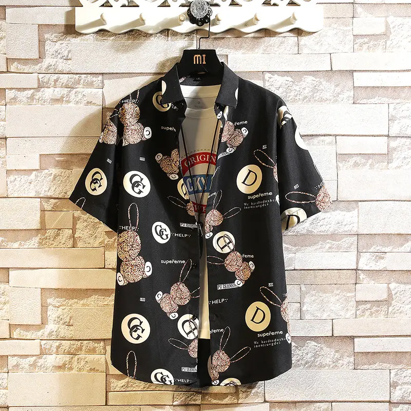 Men Printed Casual Short Sleeve Shirt Black Large - Image 7