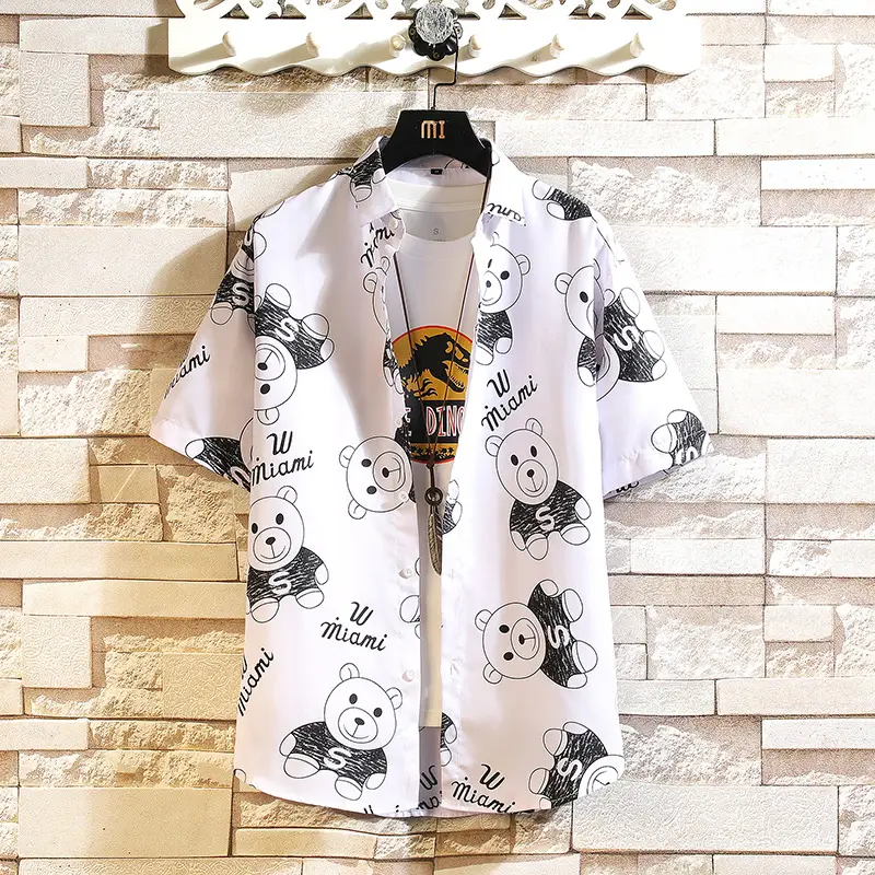 Men Printed Casual Short Sleeve Shirt Black Large - Image 8
