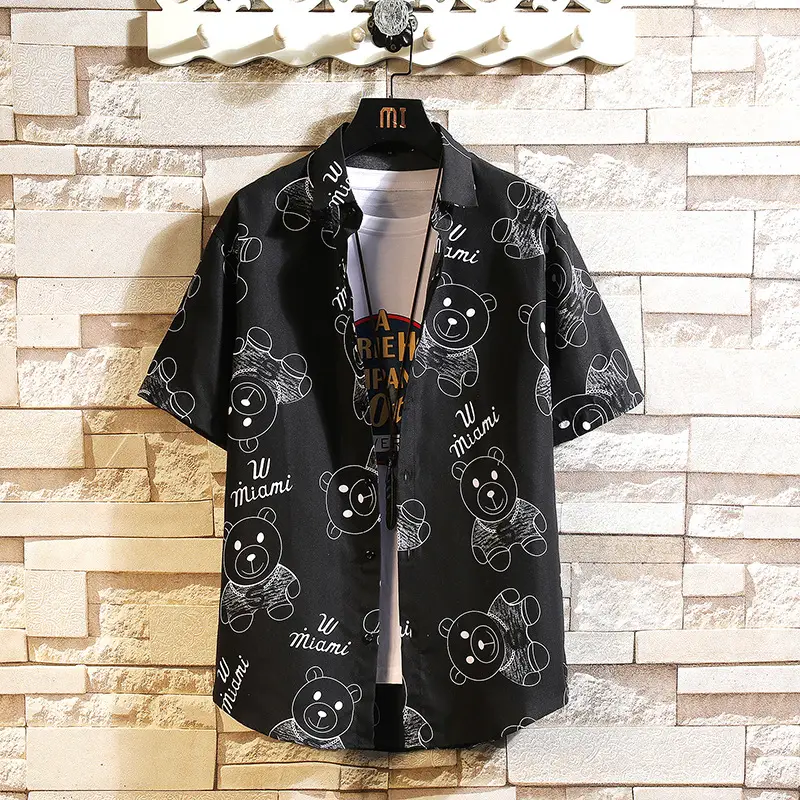 Men Printed Casual Short Sleeve Shirt Black Large - Image 9