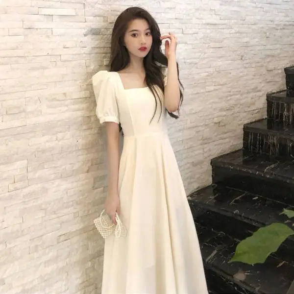 Women French Style Summer Dress Cream Puff Sleeve Waist Tight - Image 3