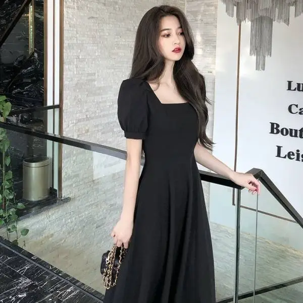 Women French Style Summer Dress Cream Puff Sleeve Waist Tight - Image 4